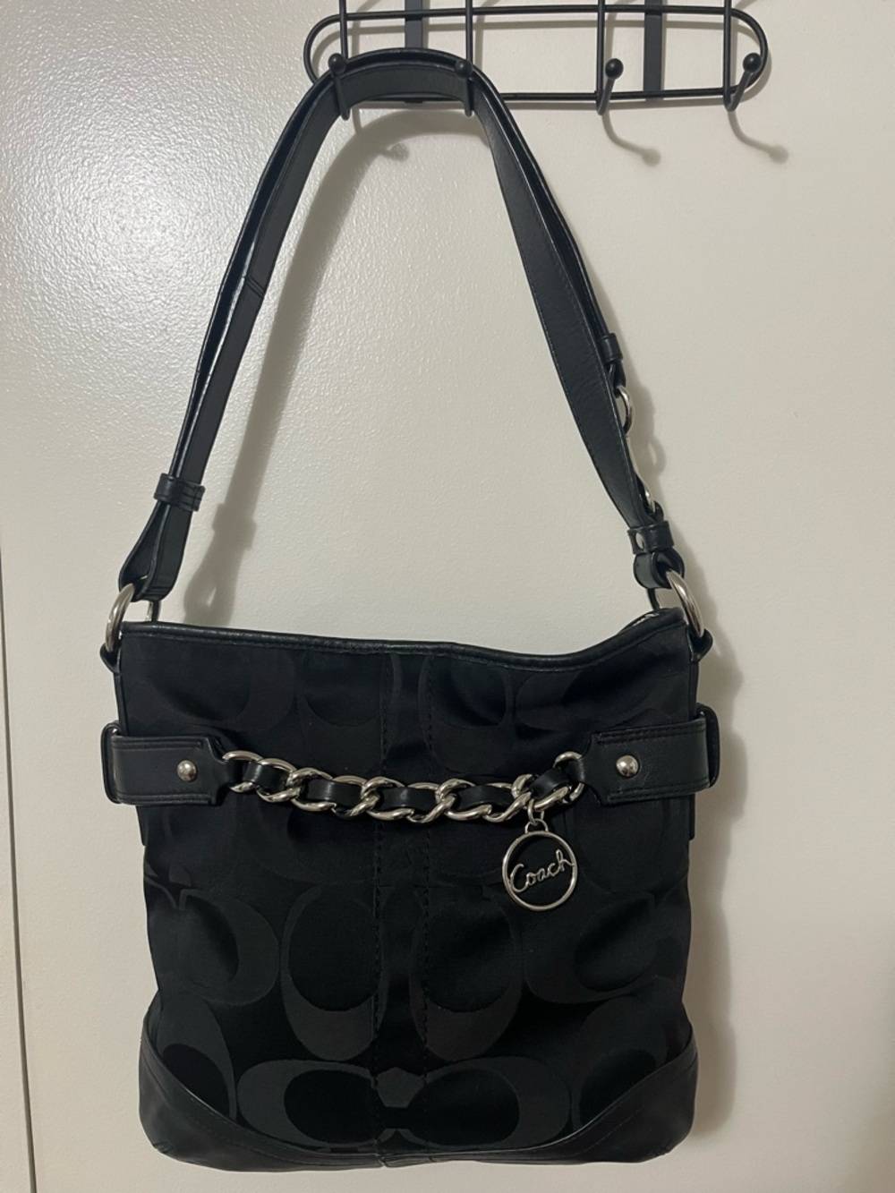 Coach Black Signature Canvas Chain-Accent Shoulder Bag